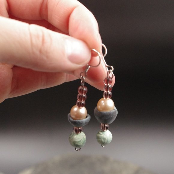 Boho Dangle Beaded Earrings with Pearls and Handmade Polymer Clay Beads - Picture 1 of 6